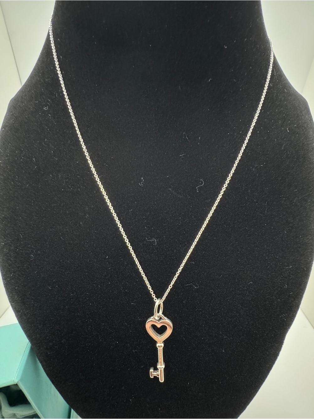 Tiffany & Co. 925 Silver Heart Key & Tiffany Necklace w/ Tiffany Box and Pouch